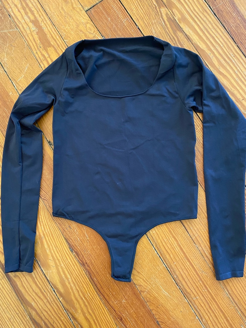 SKIMS Black Long Sleeve Scoop Neck One-Piece Thong Bodysuit